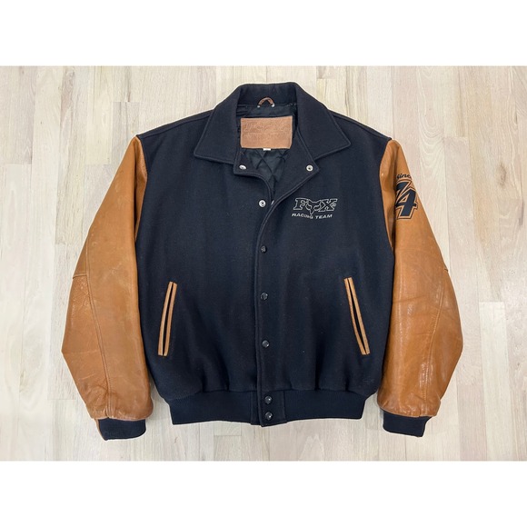 FOX RACING Black Brown Leather Wool Letterman Jacket Size Large USA 90s Vintage